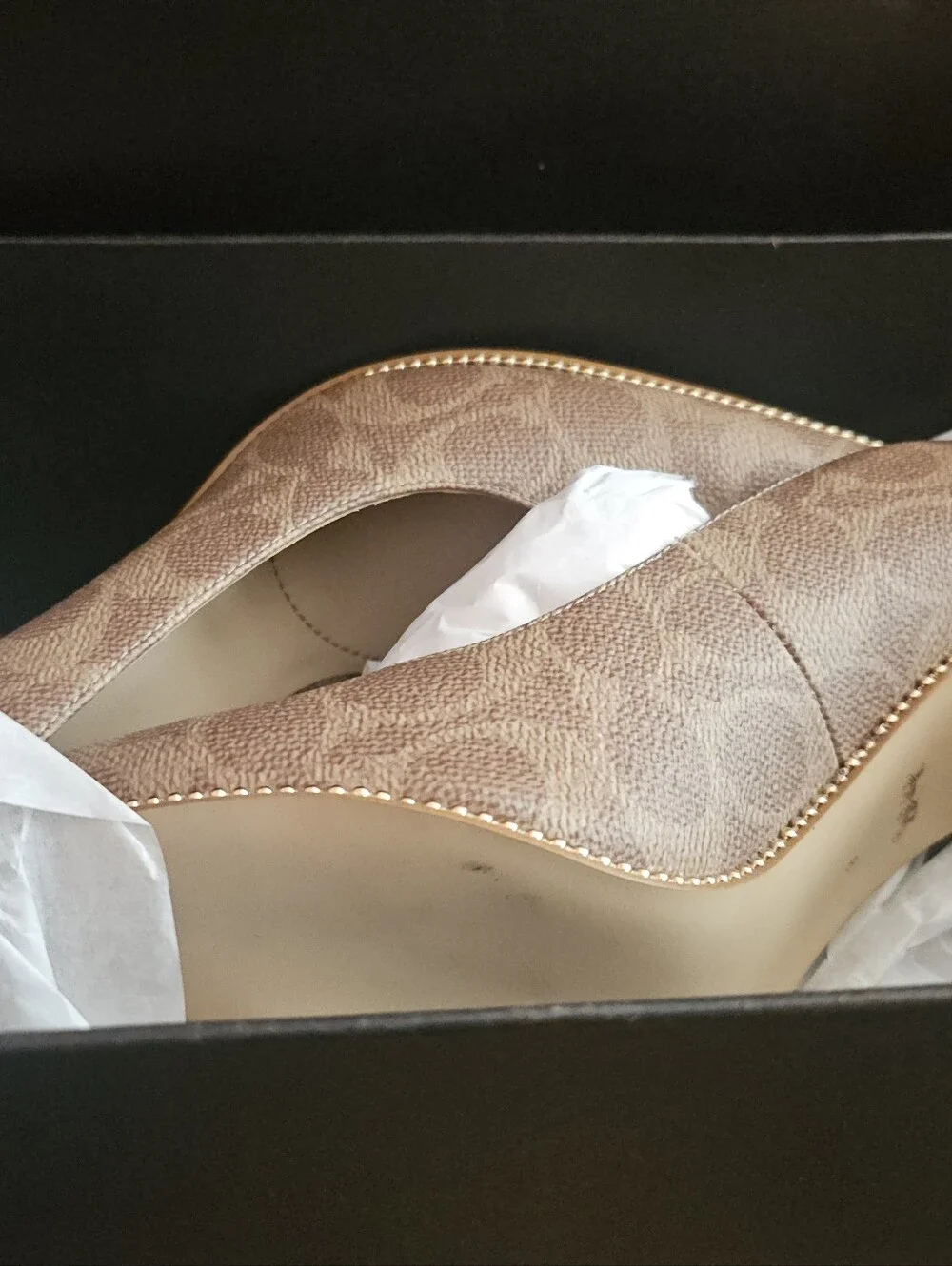 Coach Tan Brown Patterned Heeled Pumps with Gold Trim
